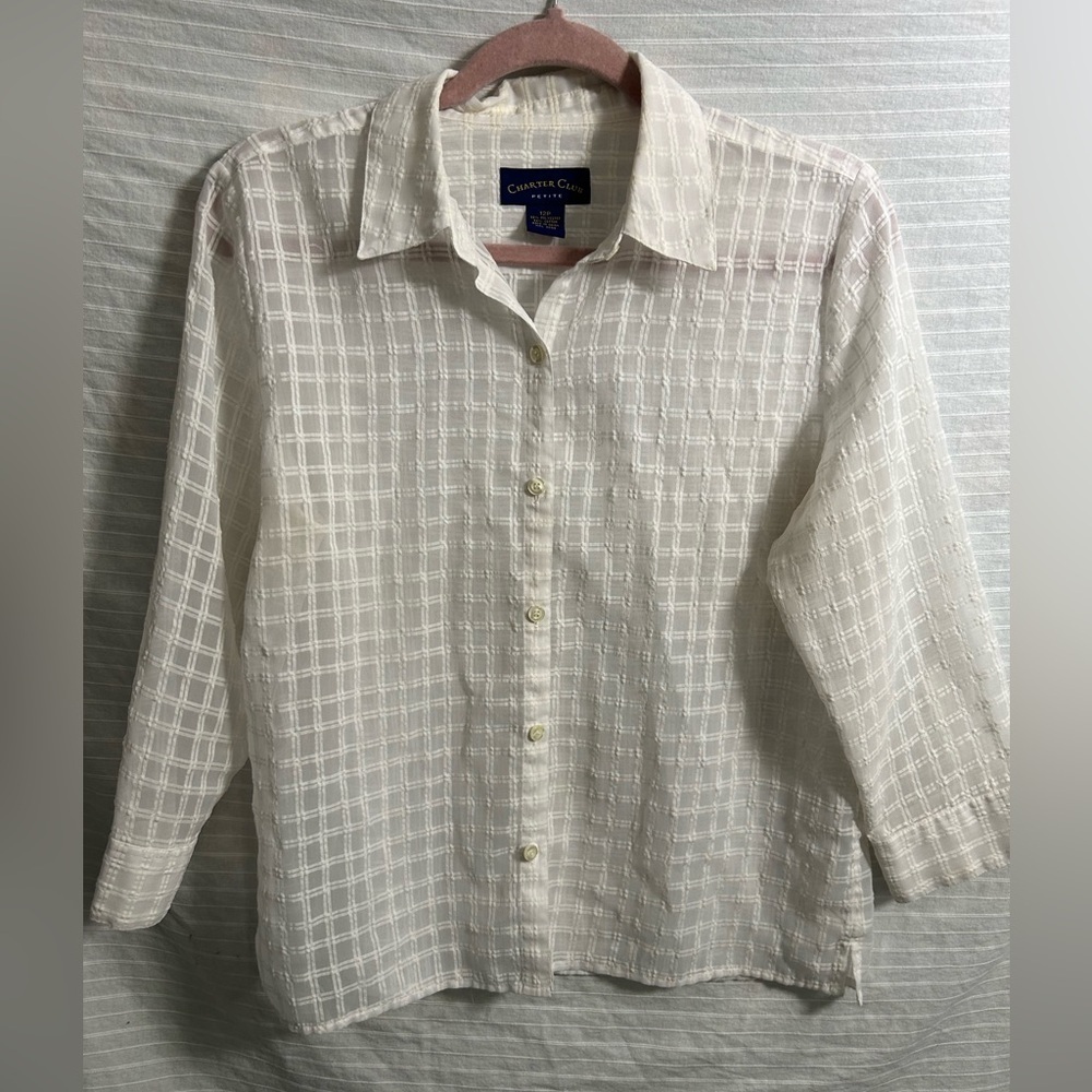 Charter Club White Waffle Weave 3/4 Sleeves Cotton Blend Button Blouse Size 12P